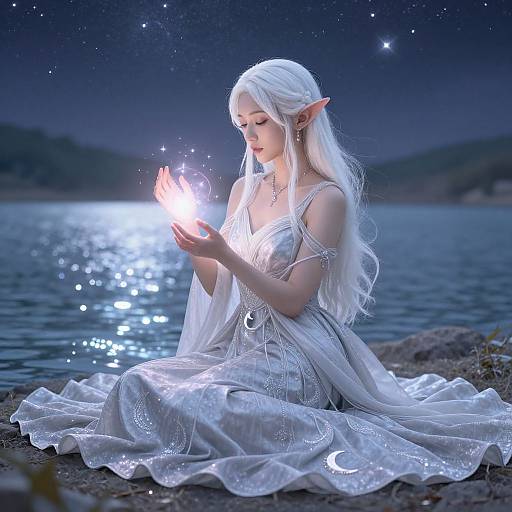 Photorealistic digital art: Elven woman with long white hair, pointed ears, and ethereal white dress, gently holds glowing star in moonlit