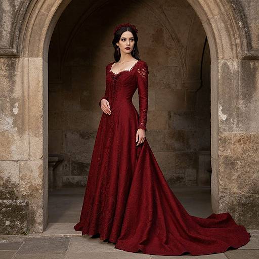 Photograph of a pale-skinned woman with dark hair in a deep red, lace Gothic gown, standing in a stone archway.