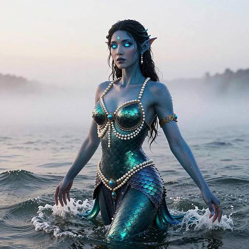 Digital artwork of a blue-skinned, glowing-eyed mermaid with long black hair, wearing a shimmering, pearl-adorned bikini top and skirt