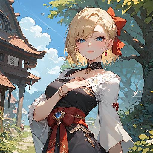 Cheerful Village Girl in Long Dress