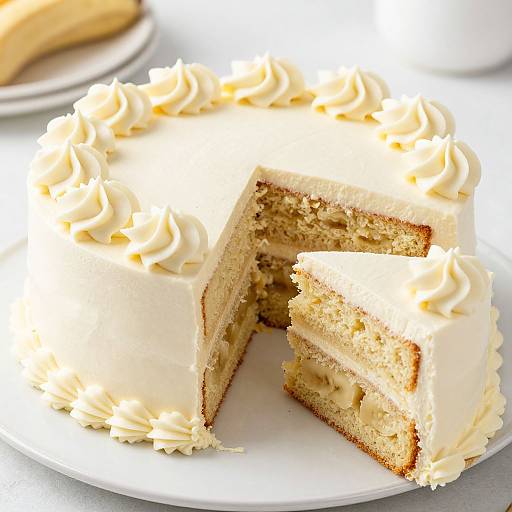 Photograph of a two-layer, vanilla cake with creamy white frosting, a slice removed, on a white plate, bright natural light.