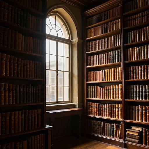 Photograph of a dimly lit library with sunlit arched window, showcasing tall wooden bookshelves filled with uniformly bound books.