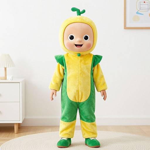 Photograph of a child in a yellow and green cartoonish egg costume with a smiling face, standing in a bright, minimalistic room.