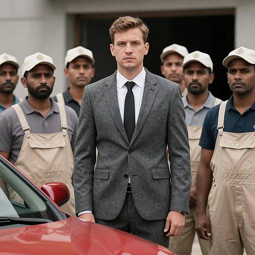 Tweed-Suited Man Amid Uniformed Workers