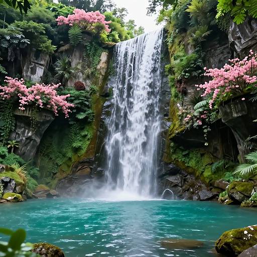 Photograph of a lush, verdant waterfall cascading into a turquoise pool, surrounded by pink flowers, ferns, and moss-covered rocks.