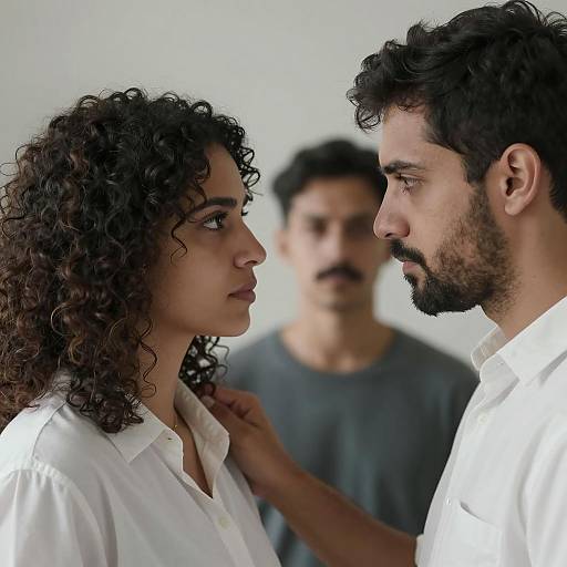 Intense Face-Off Between Couple with Observer in Background