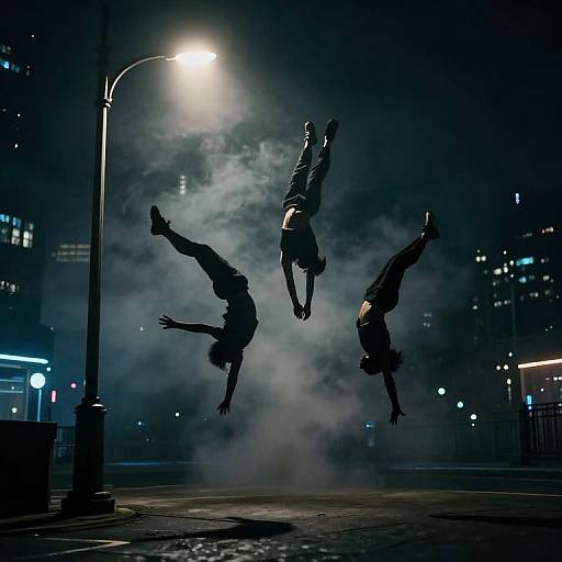 Photograph of three silhouetted male breakdancers mid-air performing flips against a night cityscape with fog, streetlights, and illuminated buildings