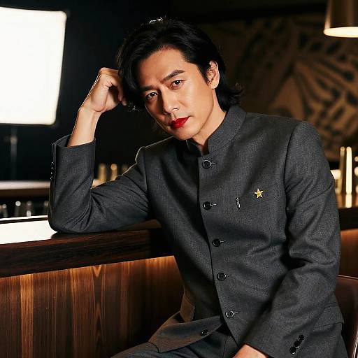 Photograph of an Asian man with black hair, wearing a dark gray button-up suit, sitting at a wooden bar, hand on head, red lips