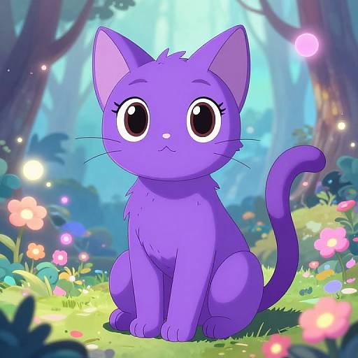 Digital drawing of a cute, purple cartoon cat with large black eyes, sitting in a magical forest filled with colorful flowers and glowing lights.
