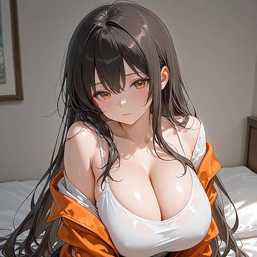 Busty Girl in Orange Off-Shoulder Jacket