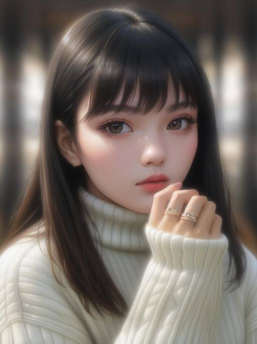 Portrait of Young Asian Woman in White Turtleneck Sweater