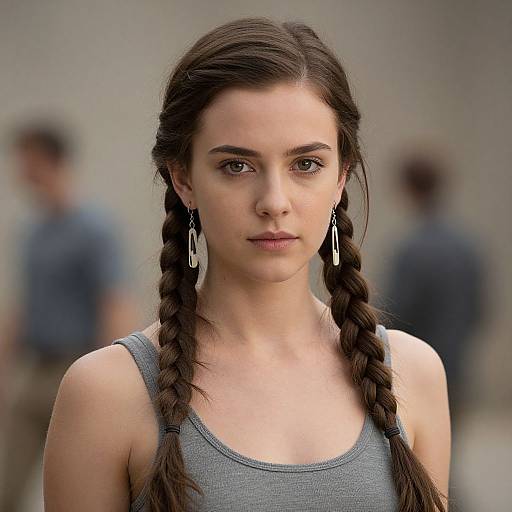 Photograph of a young woman with fair skin and brown braided hair, wearing a gray tank top and silver drop earrings, standing in a blurred outdoor