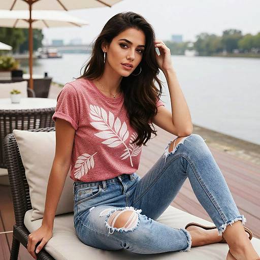 Relaxing Riverside Style in Leaf-Print Tee