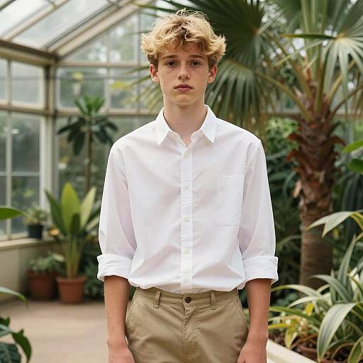 Photograph of a young, fair-skinned boy with messy blonde hair, wearing a white button-up shirt and beige pants, standing in a greenhouse with