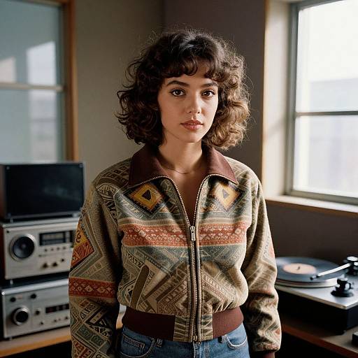 Photograph of a young woman with curly dark hair, wearing a patterned zip-up jacket and high-waisted jeans, standing in a sunlit