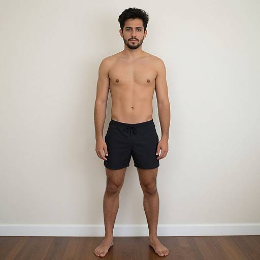 Photograph of a shirtless, bearded man with medium brown skin, short black hair, wearing black shorts, standing against a white wall on wooden