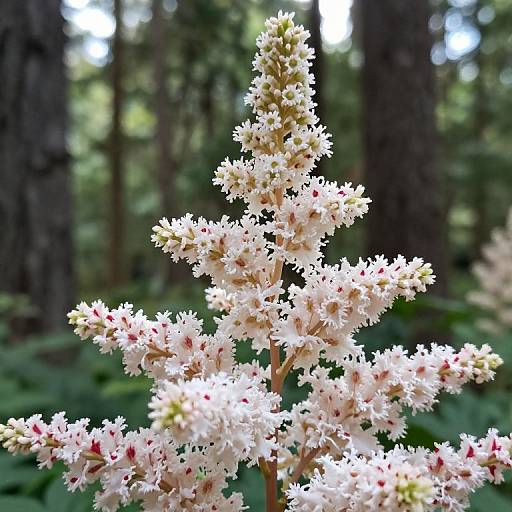 Photograph of a tall, white flower cluster with small pink-tipped blooms in a lush, sunlit forest background.