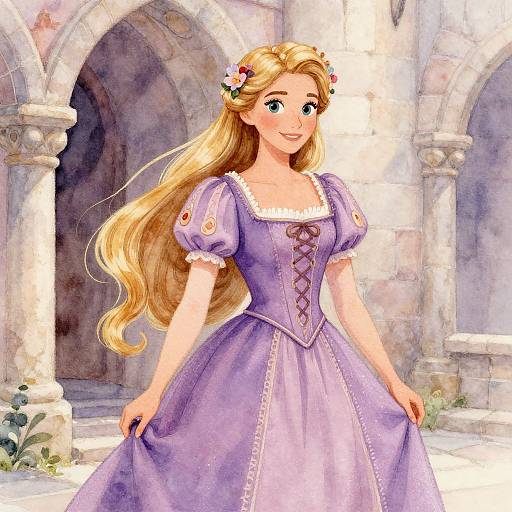 Digital illustration of a smiling, blonde, blue-eyed princess with a flower crown, wearing a lavender, puffed-sleeve, corset gown,