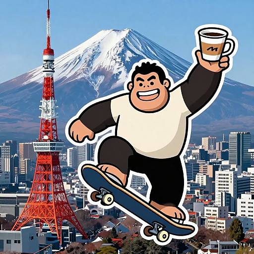 King Kong Skateboard Sticker over Tokyo Skyline with Mount Fuji
