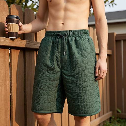 Young Man in Quilted Shorts Outdoors