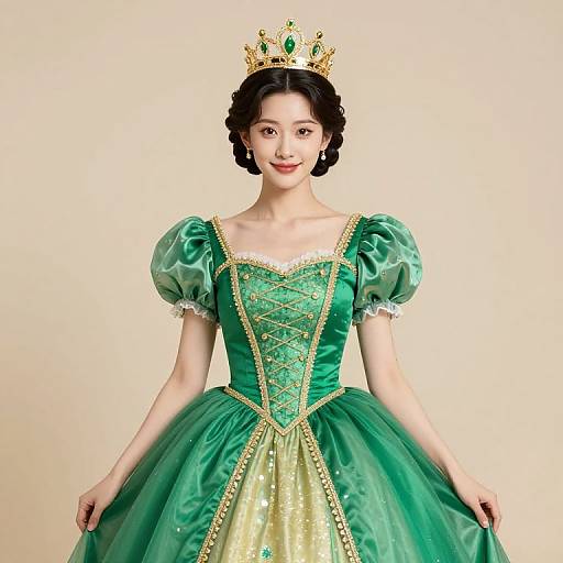 Photograph of an Asian woman with fair skin, wearing a green and gold princess-style dress, puffed sleeves, and a jeweled crown, smiling