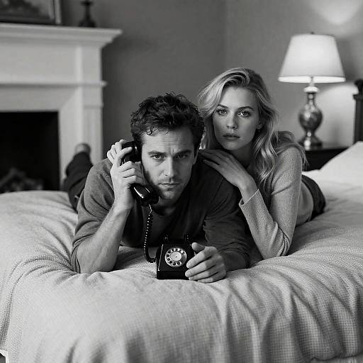 Couple with Vintage Phone on Bed