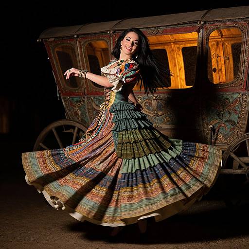 Photograph of a dark-haired woman in a colorful, patterned, flared dress dancing in front of an ornate, vintage carriage at night.
