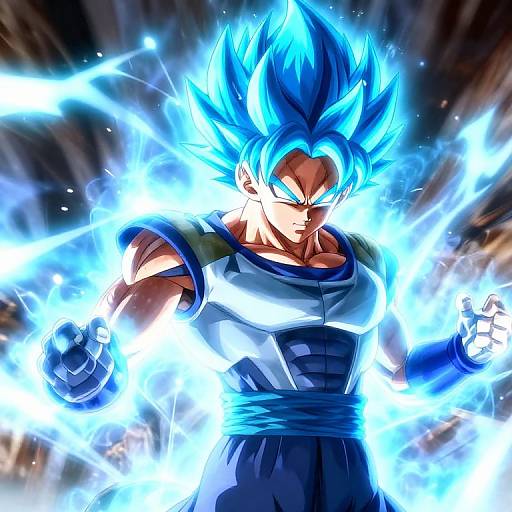 Digital anime-style drawing of Super Saiyan Son Goku, with spiky blue hair, glowing aura, and muscular build, emitting powerful blue energy.