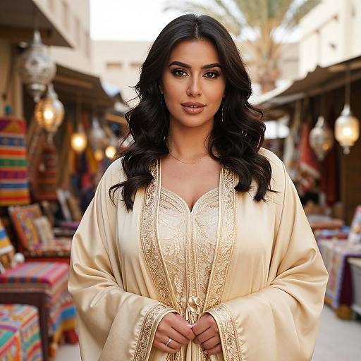 Photograph of a beautiful South Asian woman with long, wavy black hair, wearing an elegant, cream-colored, embroidered kurti, standing in