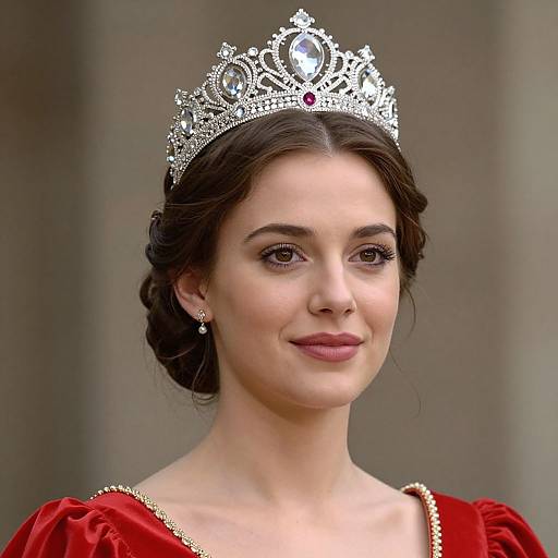 Photograph of a fair-skinned woman with dark brown hair in an elegant updo, wearing a silver tiara and red dress, smiling softly against