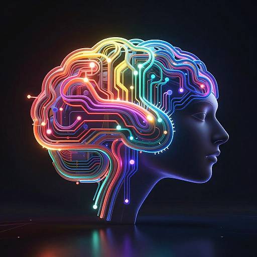 Digital art of a neon-lit, colorful, circuitry brain profile against a dark background, showcasing vibrant, interconnected lines and glowing nodes.