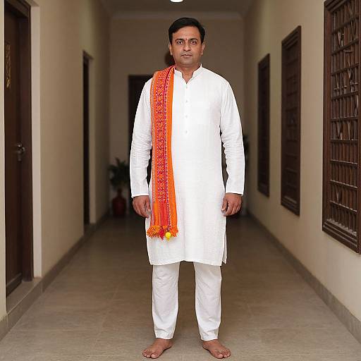 Photograph of a South Asian man in white traditional kurta and pyjama, barefoot, with an orange and red patterned scarf, standing