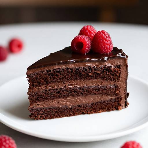 Photograph of a decadent, triple-layer chocolate cake slice with glossy chocolate frosting, topped with three fresh red raspberries on a white plate.