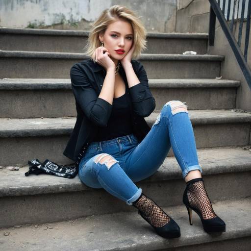 Young woman in ripped jeans sitting on urban stairs