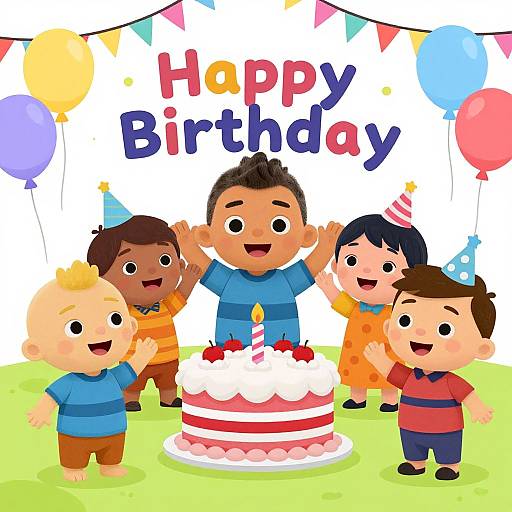 Cartoon illustration of six diverse children celebrating a birthday with balloons, colorful bunting, and a cake, 