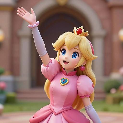 CGI image of Princess Peach from Mario series, waving with a smile, wearing pink dress, white gloves, gold crown, blue eyes, in front