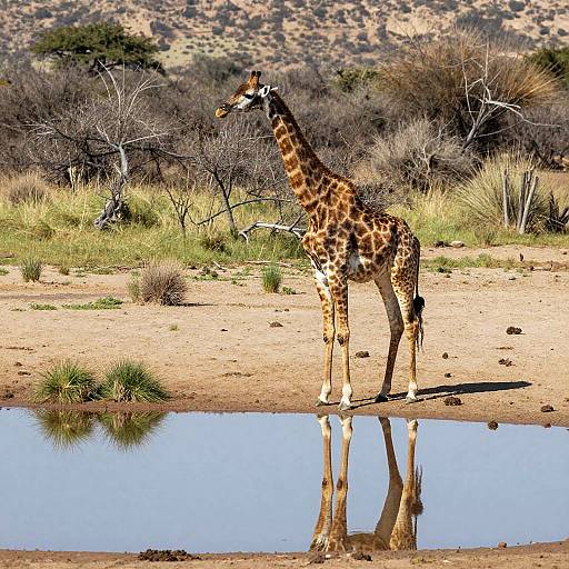Photograph of a solitary giraffe standing in a dry, sandy savanna with sparse vegetation, reflecting in a small waterhole. Background features arid