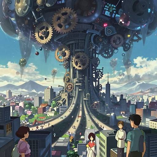 Digital anime-style cityscape with towering, gear-filled mechanical structure extending over buildings. Three characters observe from rooftop. Vibrant sky, mountains, and futuristic