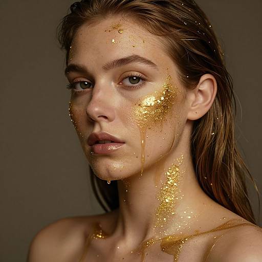Photograph of a young woman with wet, brown hair, golden glitter covering her face and neck, gazing intensely at the camera against a dark background