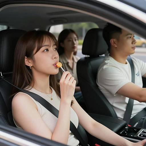Three People in Car with Woman Eating Lollipop