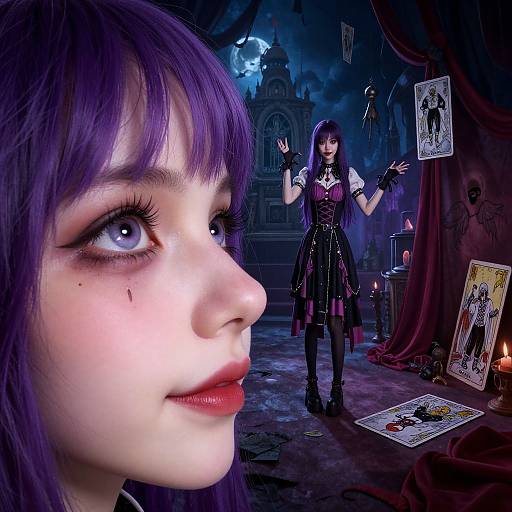 Digital artwork: Close-up of a pale-skinned girl with purple hair and red lips, standing in a dark, moonlit room with tarot cards