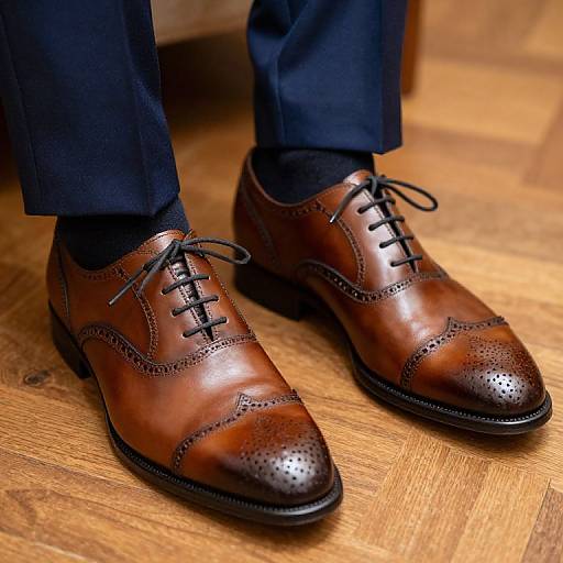 Photograph of polished brown leather brogue shoes with black laces, worn with dark navy trousers and black socks on a wooden floor.