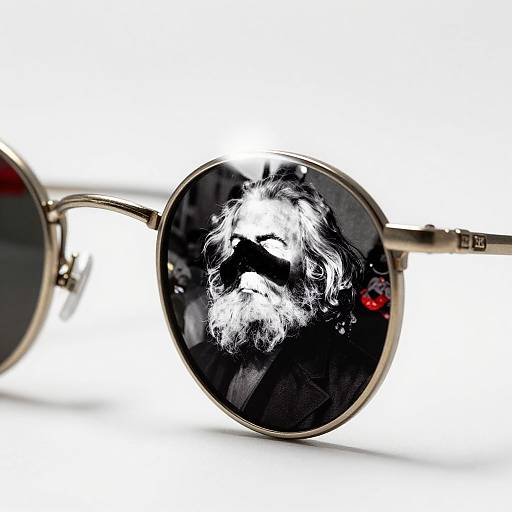 Close-up photograph of round sunglasses with a reflective black lens showing a white, pixelated image of a bearded man's face, red reflection in the