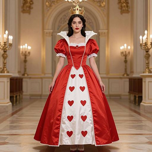 Digital illustration of a fair-skinned woman with black hair, wearing a red and white heart-patterned ball gown, gold crown, and standing in an
