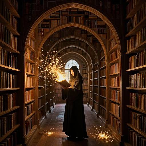 Mystical Cloaked Figure in Infinite Library