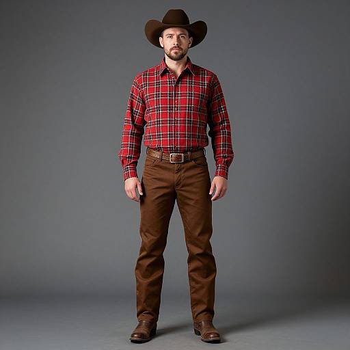 Photograph of a bearded white man in a black cowboy hat, red plaid shirt, brown pants, and black belt, standing against a gray