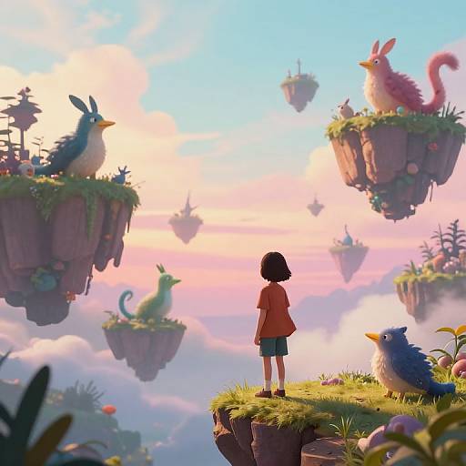 Digital artwork of a child in a red shirt and green shorts, standing on a grassy cliff, gazing at floating islands with colorful, fluffy creatures