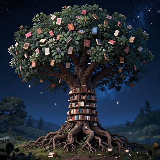 Digital illustration of a tree with a starry night sky, books wrapped around its trunk, and colorful photos hanging from its leaves.