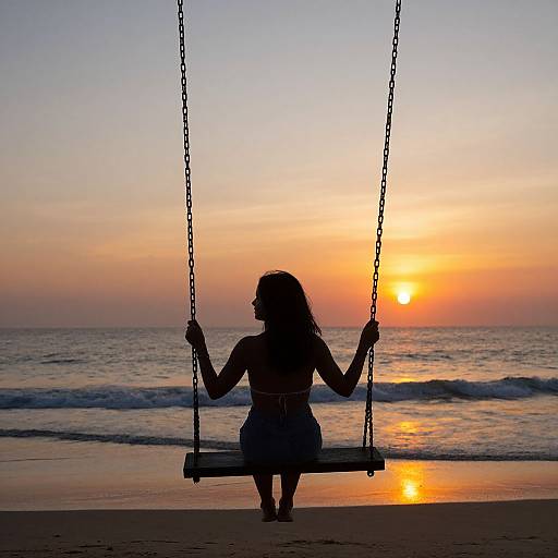 Silhouetted woman on swing against a vibrant sunset over a calm ocean, holding chains, with waves gently touching the shore.