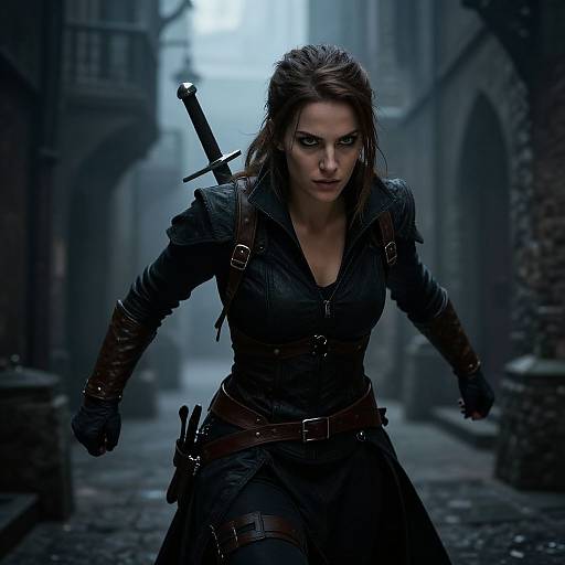 Photorealistic CGI of a determined, dark-haired woman in black leather armor with a sword sheathed on her back, running through a misty,